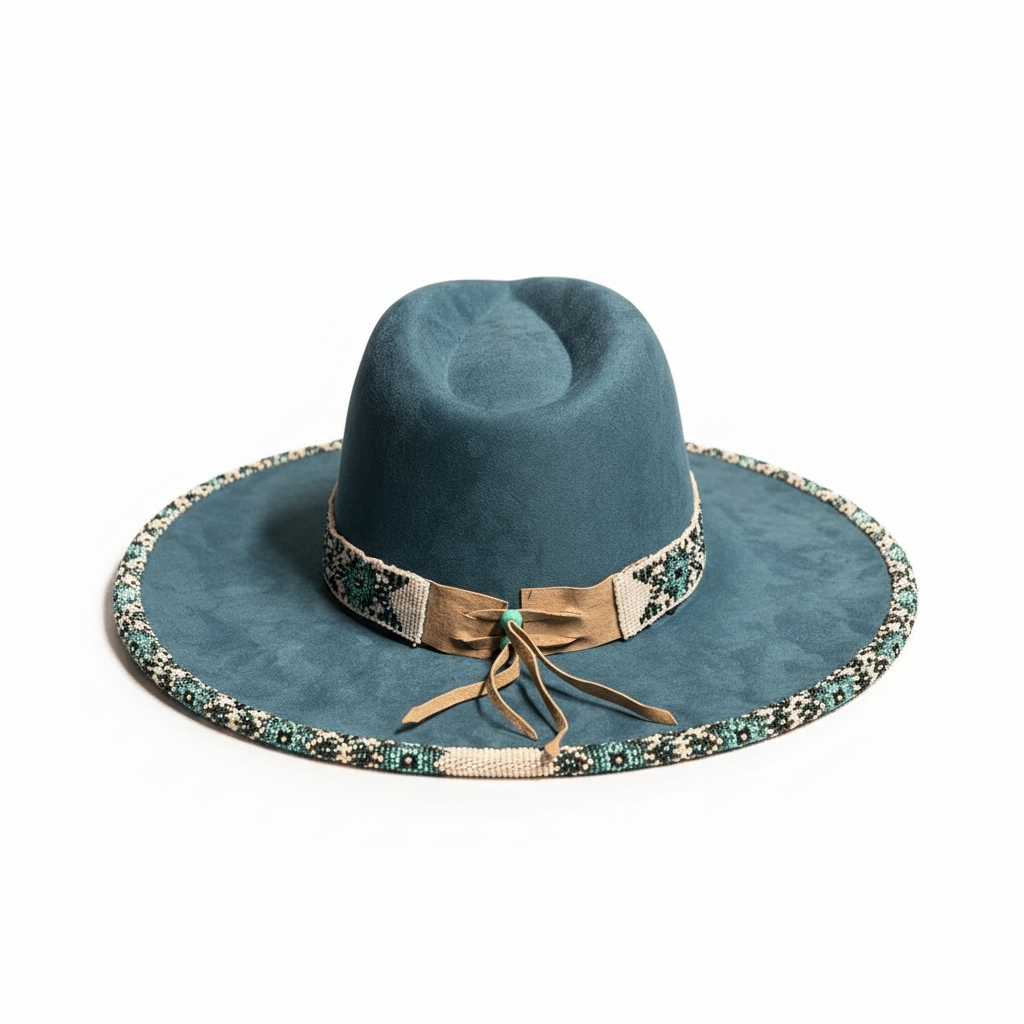 Deep Teal Mosaic Hand-Beaded Felt Flat-Brim Hat