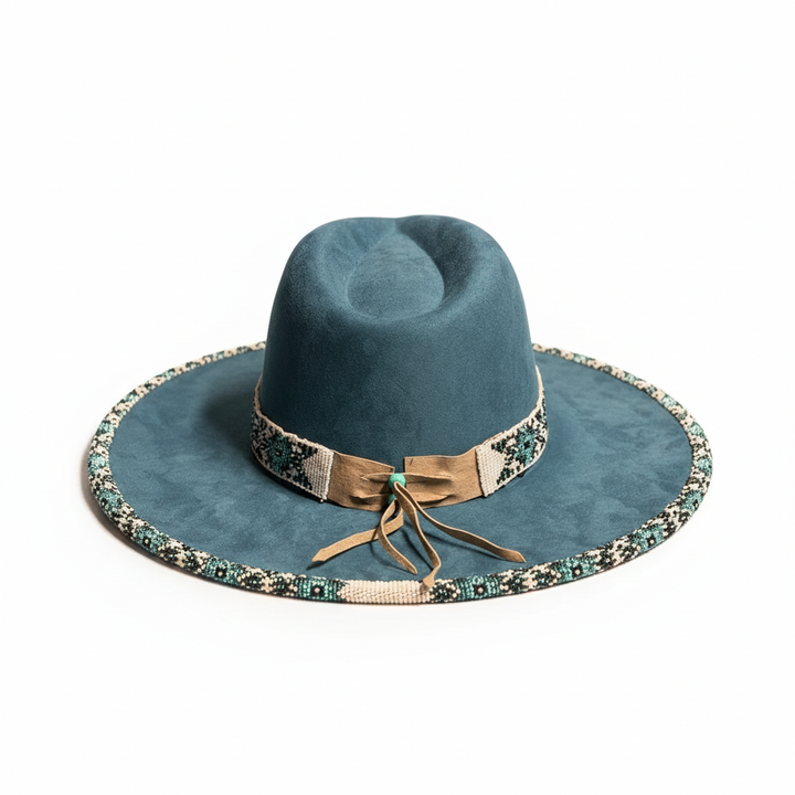 Deep Teal Mosaic Hand-Beaded Felt Flat-Brim Hat