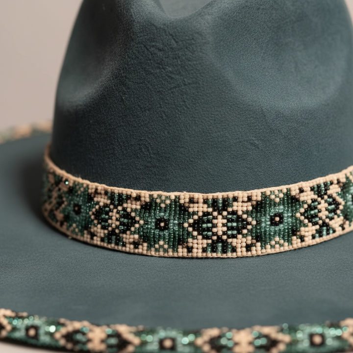 Deep Teal Mosaic Hand-Beaded Felt Flat-Brim Hat