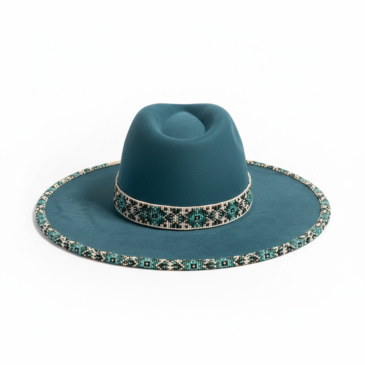 Deep Teal Mosaic Hand-Beaded Felt Flat-Brim Hat