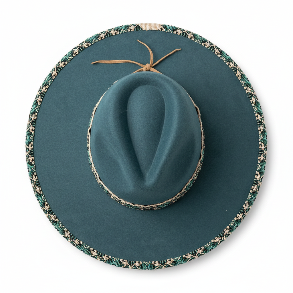 Deep Teal Mosaic Hand-Beaded Felt Flat-Brim Hat