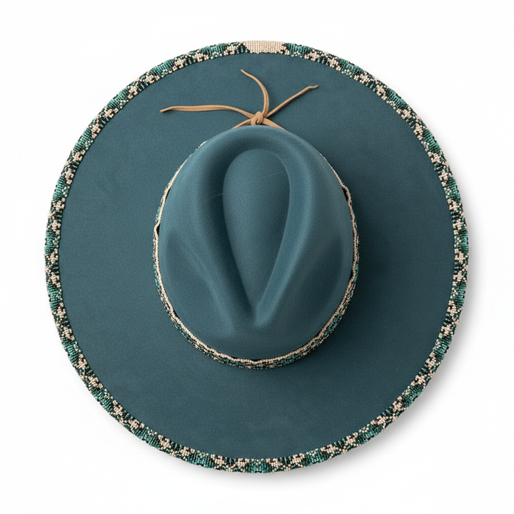 Deep Teal Mosaic Hand-Beaded Felt Flat-Brim Hat