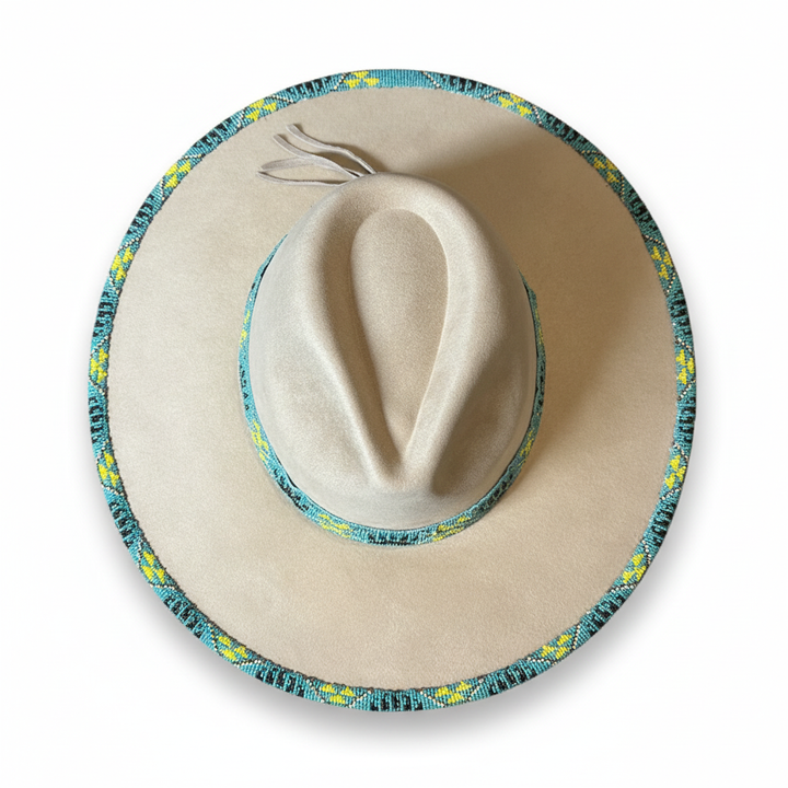 Turquoise Night Runner Hand-Beaded Felt Flat-Brim Hat