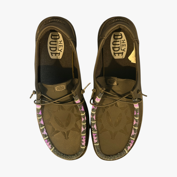 All Nations Designs &amp; More black leather Hey Dude slip-on shoes featuring unique hand-beaded teepee pattern detail