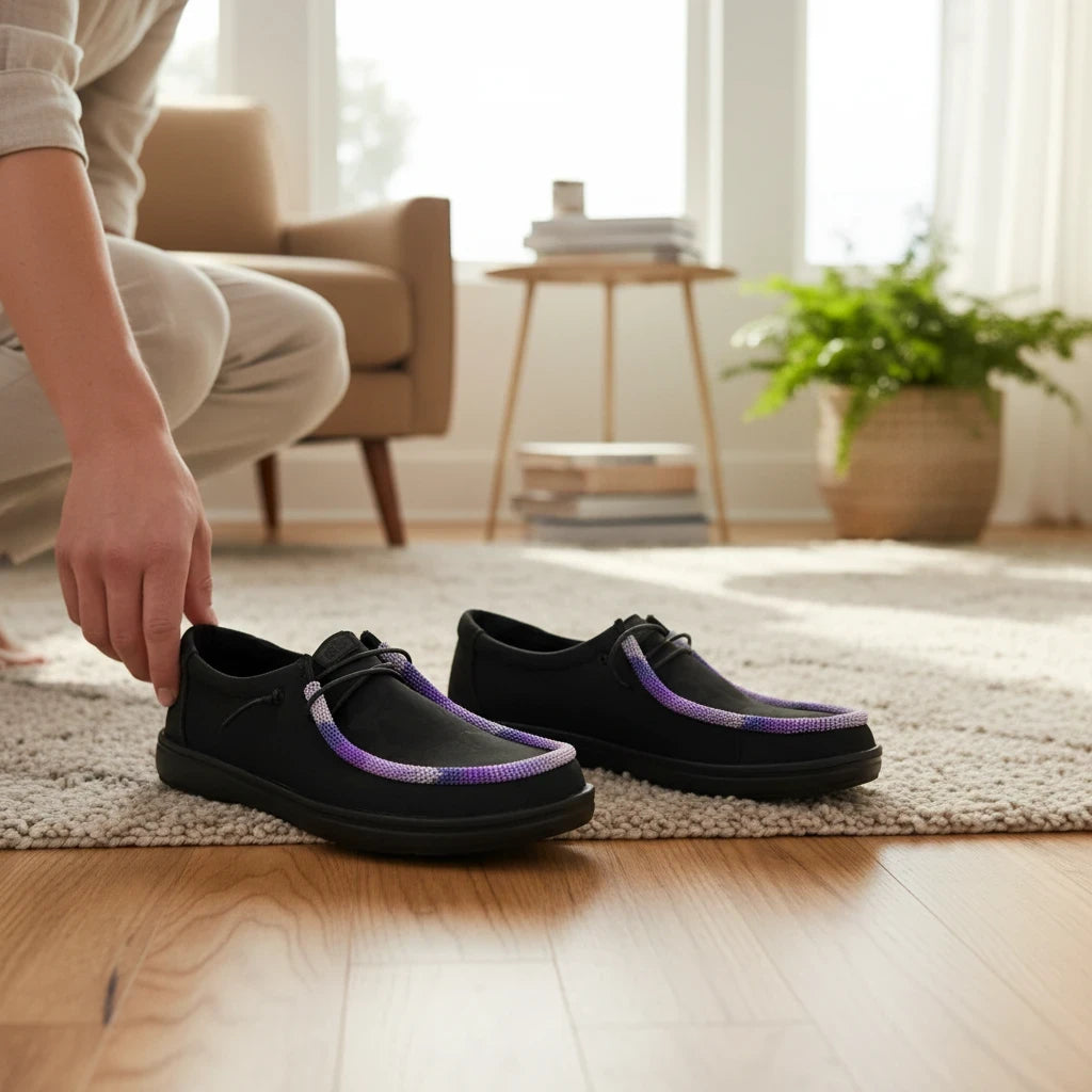 All Nations Designs &amp; More black Hey Dude slip-on shoes featuring unique purple and white hand-beaded trim details.