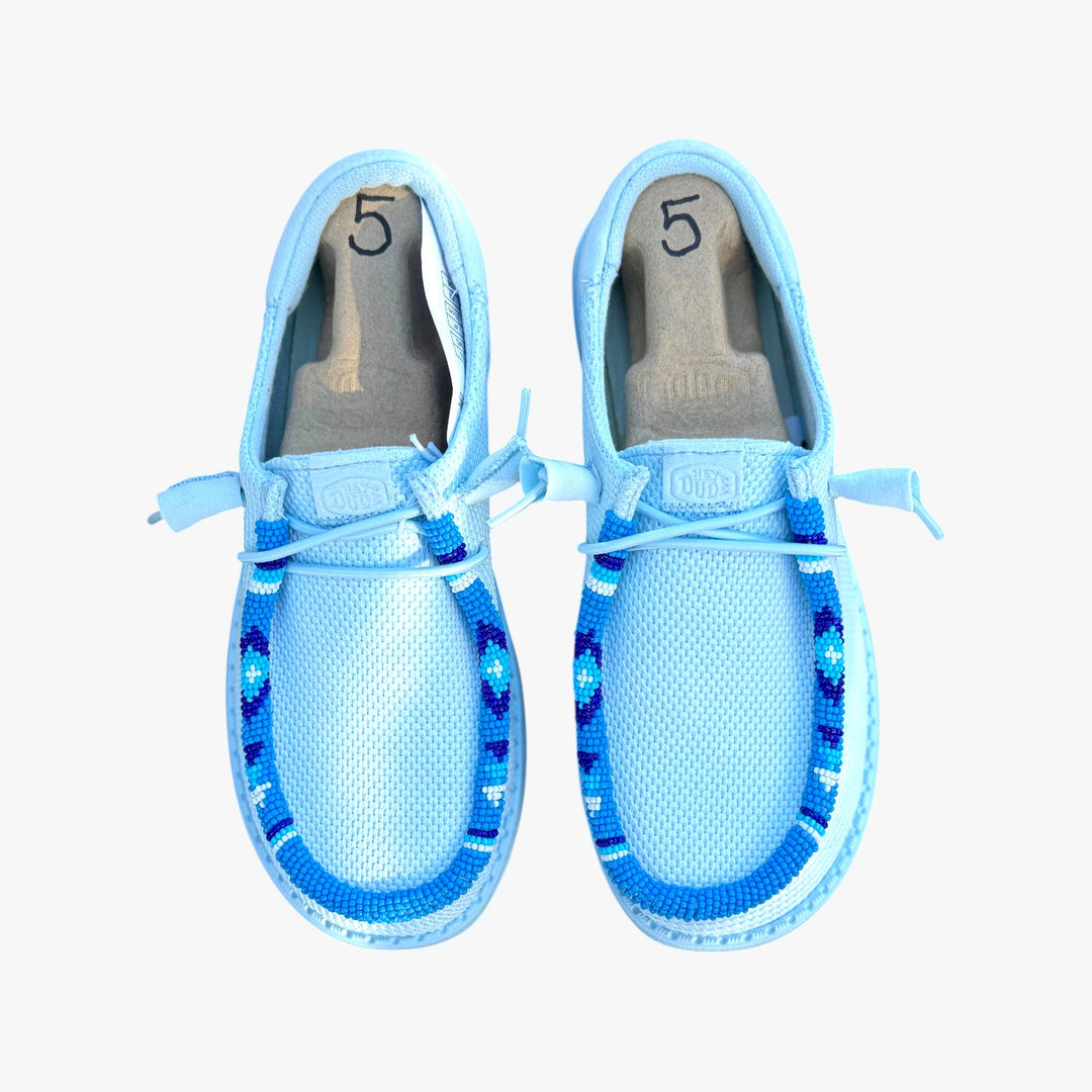 All Nations Designs &amp; More hand-beaded light blue Hey Dude slip-on shoes with geometric beadwork, size 5