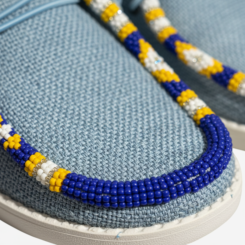 All Nations Designs &amp; More hand-beaded blue mesh slip-on shoes with yellow, white, and blue geometric beadwork.