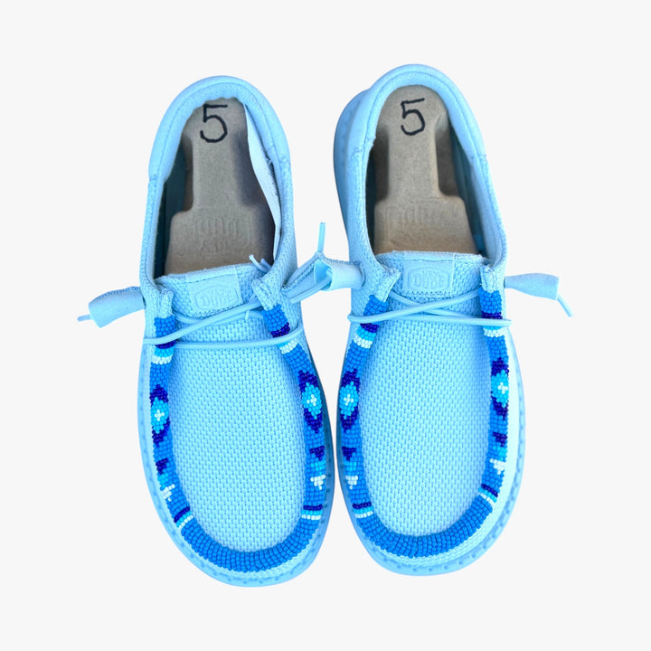 All Nations Designs &amp; More hand-beaded blue mesh slip-on shoes with geometric beadwork patterns, size 5