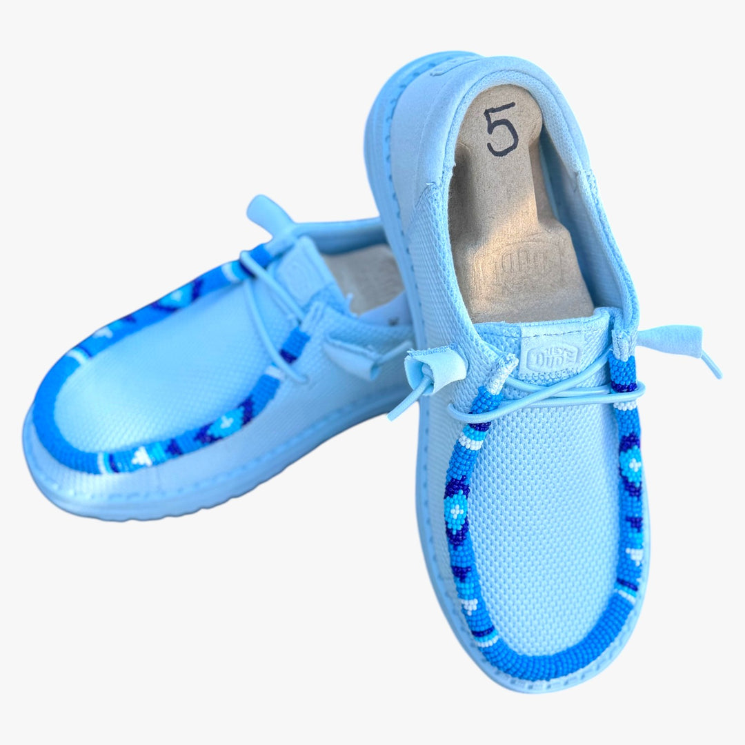 All Nations Designs &amp; More hand-beaded light blue mesh slip-on shoes with geometric beadwork detail