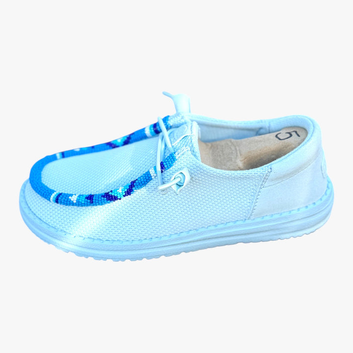 All Nations Designs &amp; More hand-beaded blue mesh slip-on shoes with custom beadwork detail, women&
