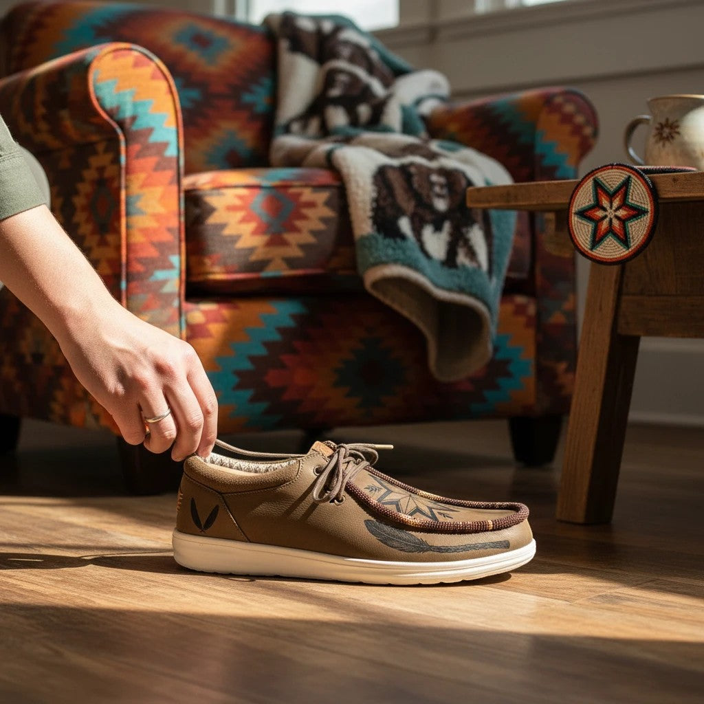 All Nations Designs &amp; More hand-beaded brown Hey Dude slip-on shoes with star and feather laser-etched detail