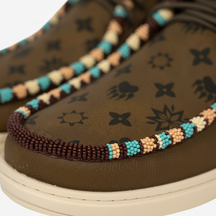 All Nations Designs &amp; More hand-beaded brown Hey Dude slip-on shoes with turquoise and cream beadwork detail