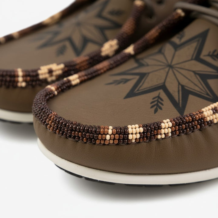 All Nations Designs &amp; More hand-beaded brown Hey Dude slip-on shoes featuring a laser-etched star pattern.