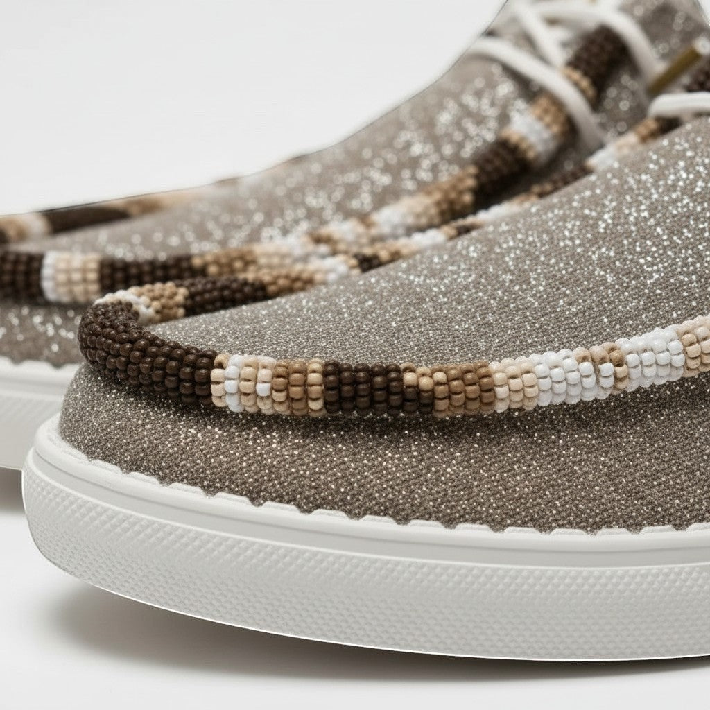 All Nations Designs &amp; More metallic gold glitter Hey Dude slip-on shoes with custom hand-beaded western trim.