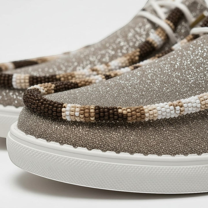 All Nations Designs &amp; More metallic gold glitter Hey Dude slip-on shoes with custom hand-beaded western trim.