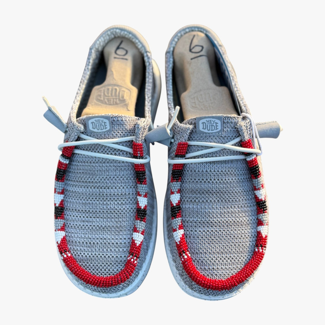 All Nations Designs &amp; More hand-beaded gray mesh Hey Dude slip-on shoes with red and white geometric beadwork