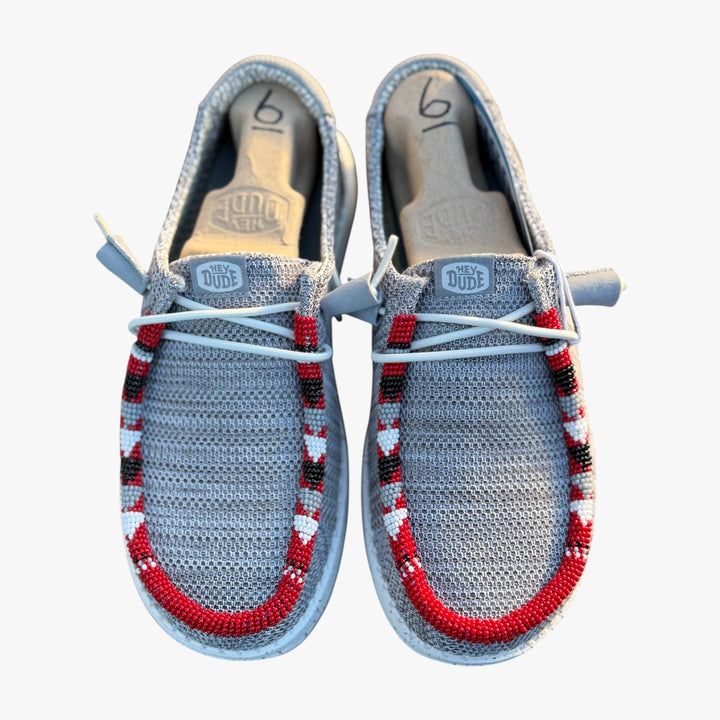 All Nations Designs &amp; More hand-beaded gray mesh Hey Dude slip-on shoes with red and white geometric beadwork