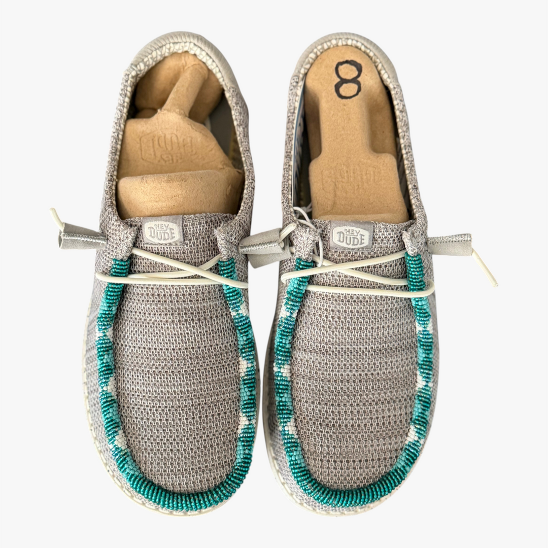 All Nations Designs &amp; More gray mesh Hey Dude slip-on shoes featuring unique turquoise and white hand-beaded trim.