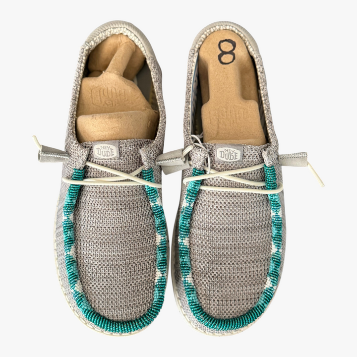 All Nations Designs &amp; More gray mesh Hey Dude slip-on shoes featuring unique turquoise and white hand-beaded trim.