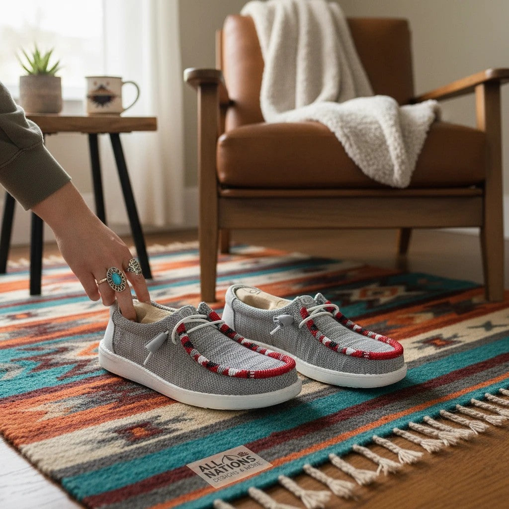 All Nations Designs &amp; More hand-beaded gray mesh slip-on shoes with red accents on a southwestern rug