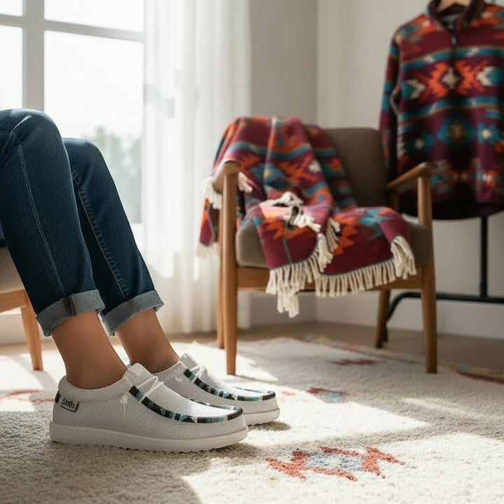 All Nations Designs &amp; More light gray mesh slip-on shoes with custom hand-beaded trim worn with jeans in a cozy room.