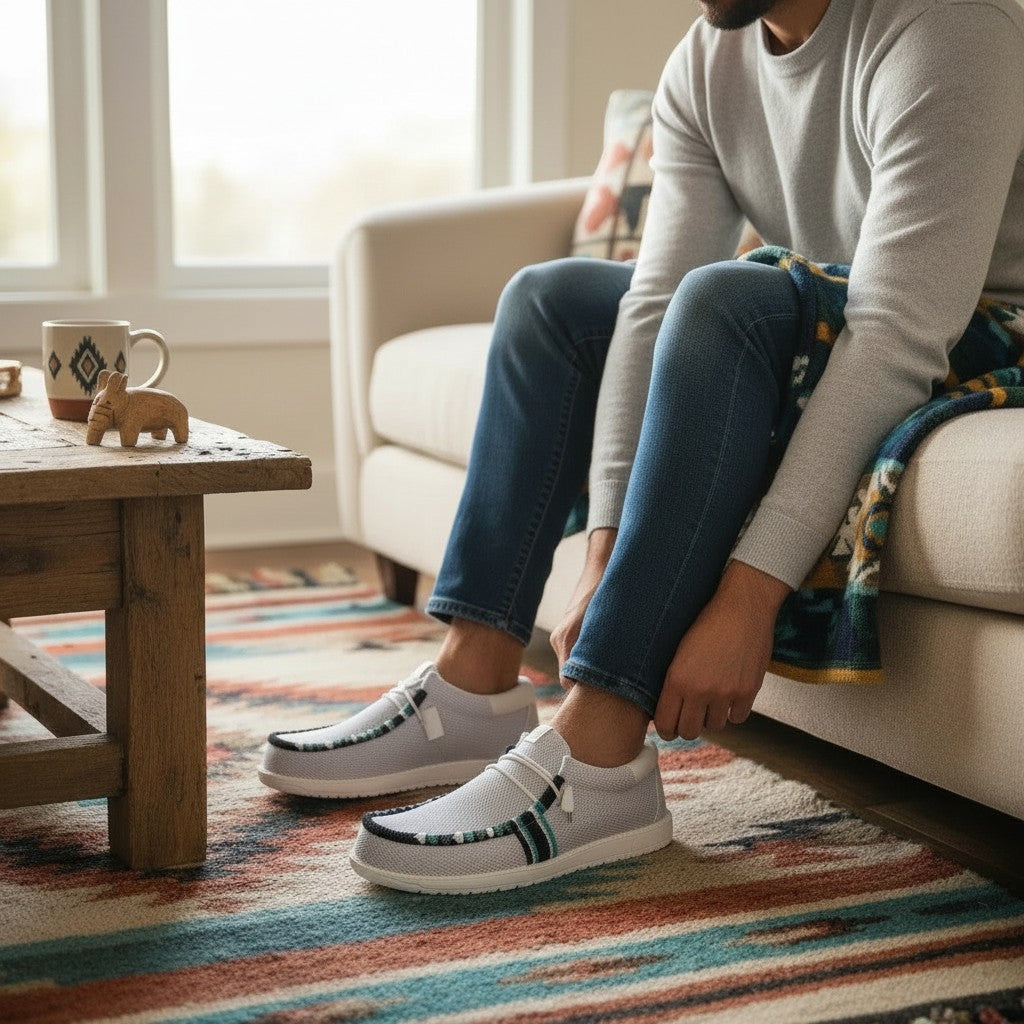 Man wearing All Nations Designs &amp; More hand-beaded light gray mesh slip-on shoes with western-inspired detailing.