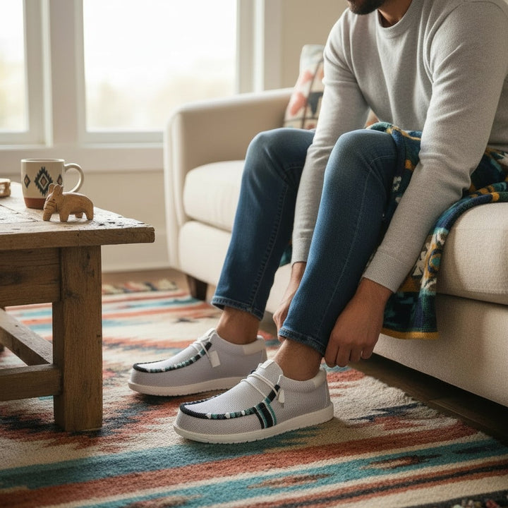 Man wearing All Nations Designs &amp; More hand-beaded light gray mesh slip-on shoes with western-inspired detailing.