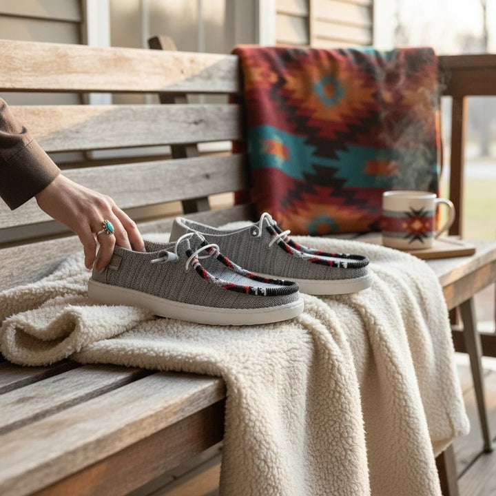 All Nations Designs &amp; More light gray hand-beaded Hey Dude slip-on shoes on a wooden bench with a southwestern blanket.