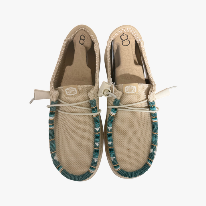All Nations Designs &amp; More hand-beaded Hey Dude slip-on shoes in Irish cream mesh with turquoise bead accents