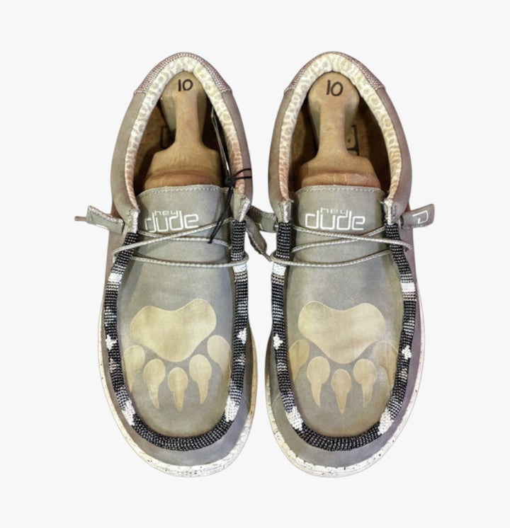 All Nations Designs &amp; More light gray Hey Dude slip-on shoes featuring custom hand-beaded paw print detailing.