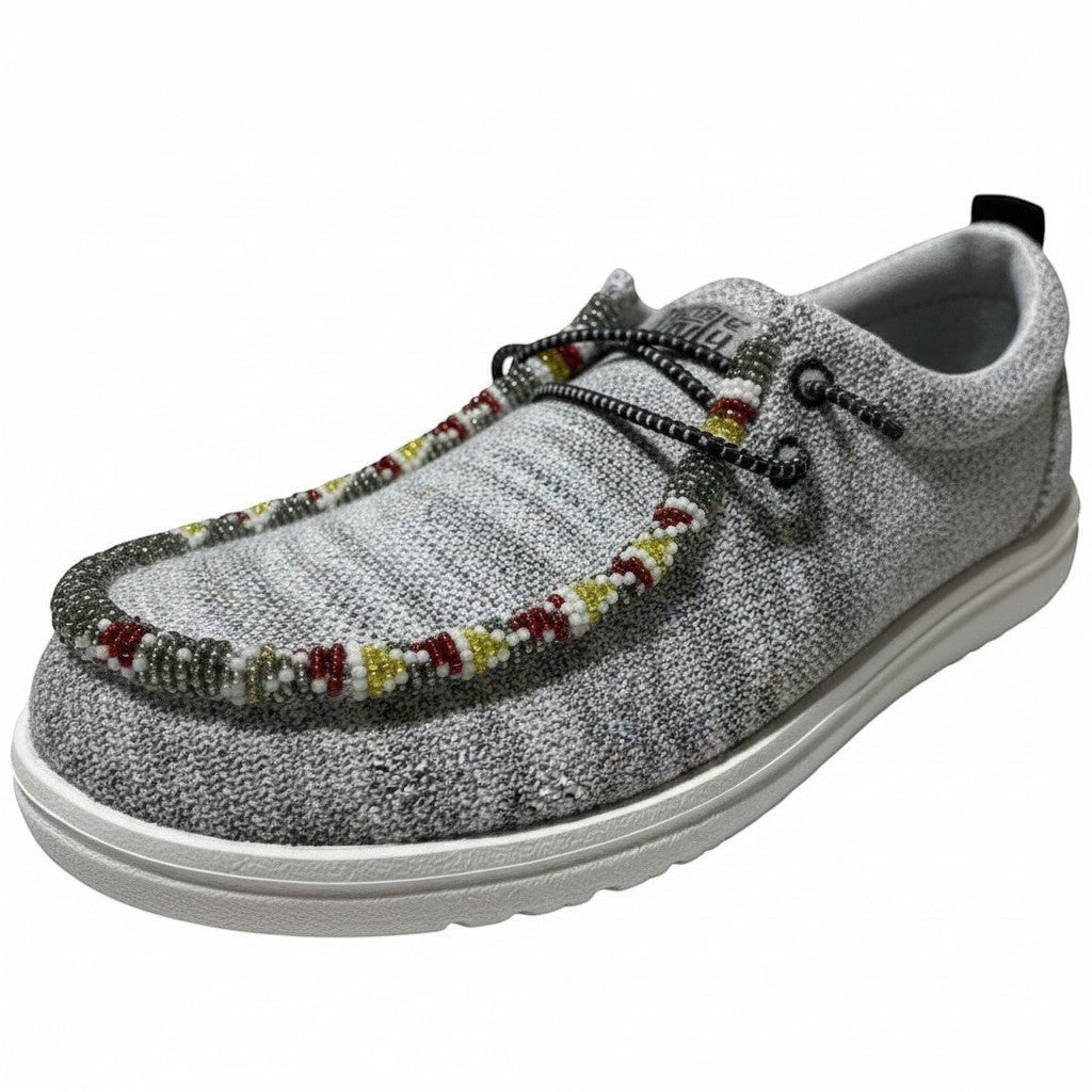 All Nations Designs &amp; More gray mesh Hey Dude slip-on shoes featuring unique hand-beaded yin-yang trim.