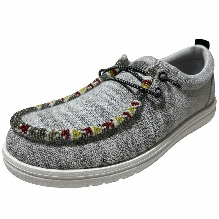 All Nations Designs &amp; More gray mesh Hey Dude slip-on shoes featuring unique hand-beaded yin-yang trim.