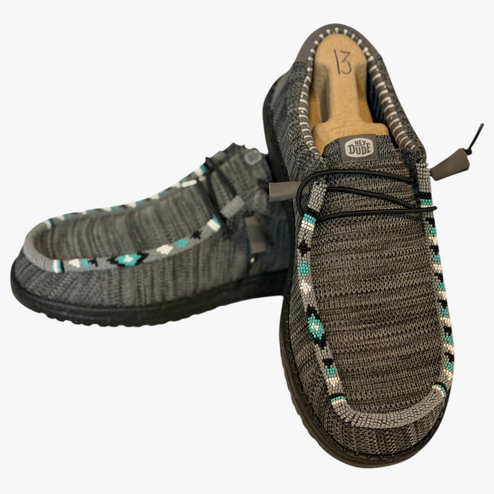 All Nations Designs &amp; More hand-beaded Hey Dude Wally Stretch Sox shoes in granite grey and black, size 13.