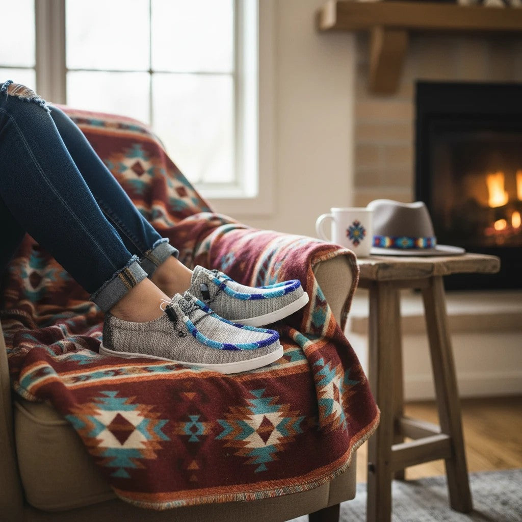 All Nations Designs &amp; More gray and blue hand-beaded Hey Dude slip-on shoes worn with jeans in a cozy living room.