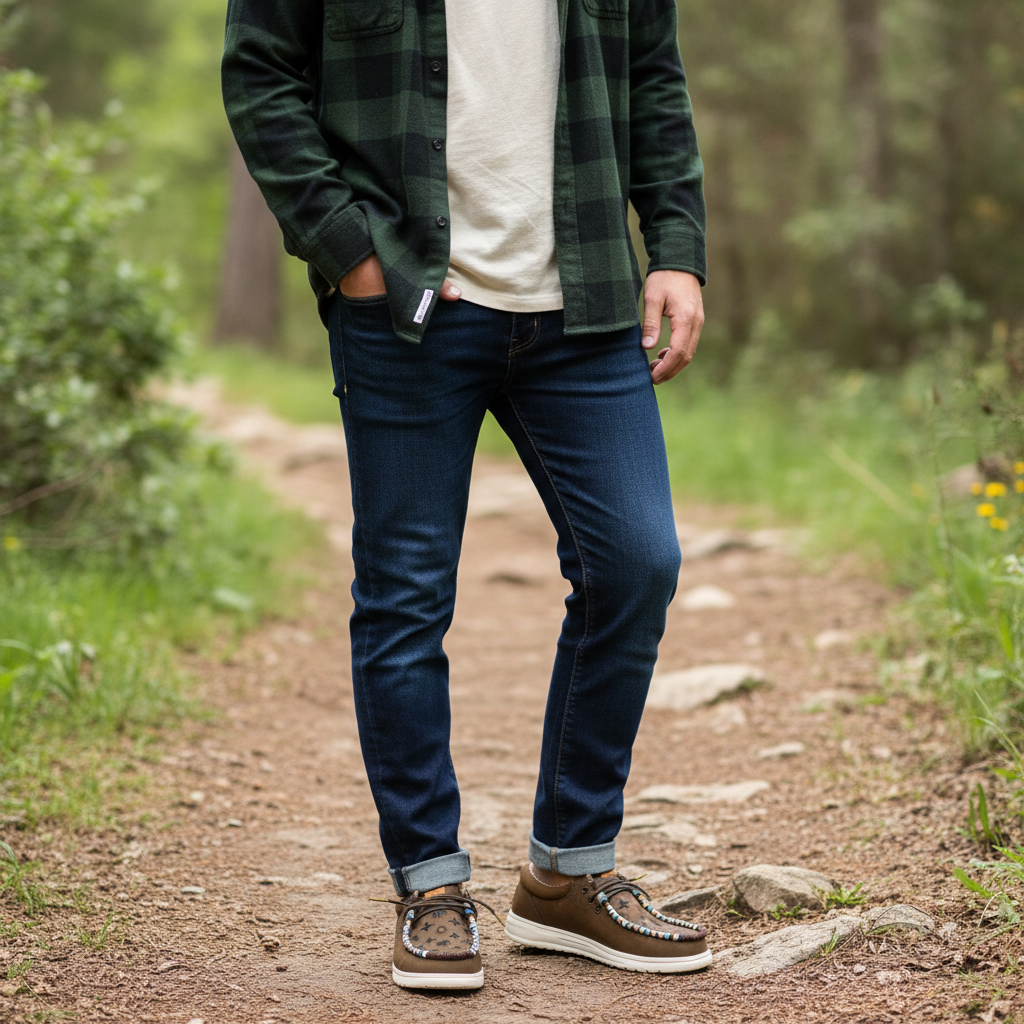 All Nations Designs &amp; More hand-beaded brown Hey Dude slip-on shoes worn by a man on a forest trail