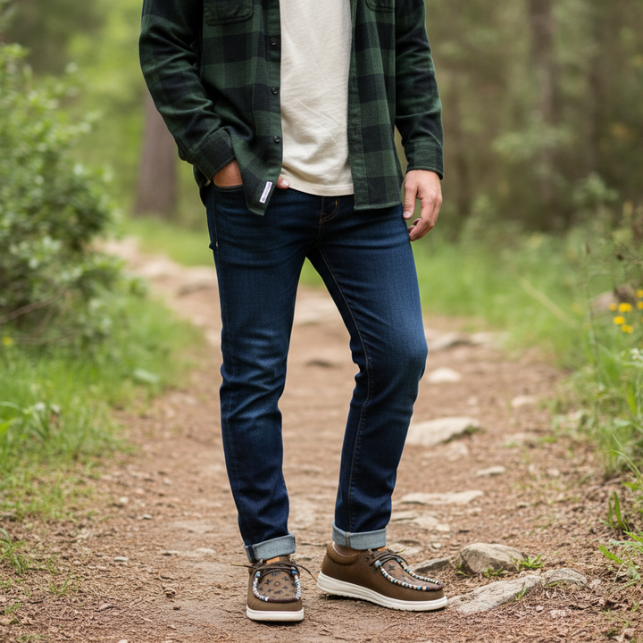 All Nations Designs &amp; More hand-beaded brown Hey Dude slip-on shoes worn by a man on a forest trail