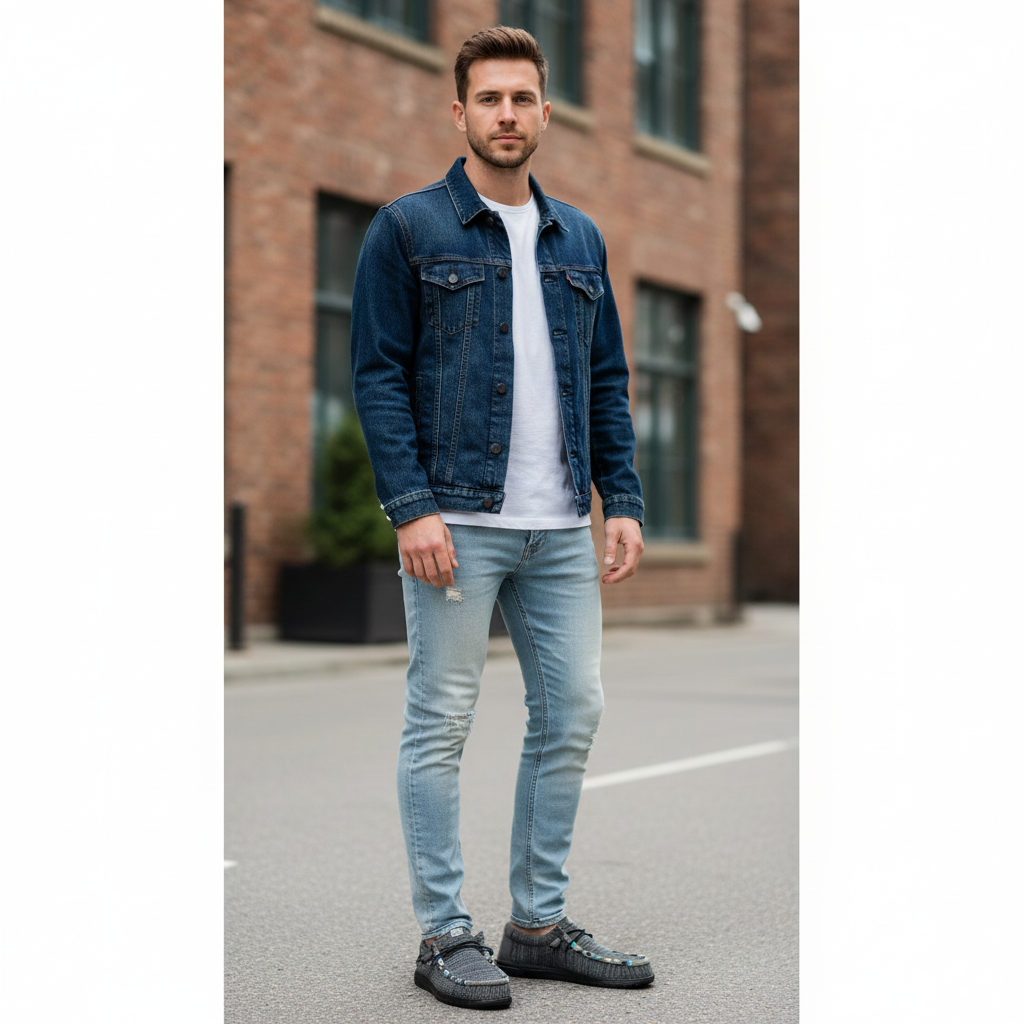 All Nations Designs &amp; More men wearing granite grey and black hand-beaded Hey Dude Wally Sox slip-on shoes