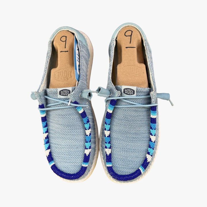 All Nations Designs &amp; More gray and blue mesh Hey Dude slip-on shoes featuring custom hand-beaded trim, size 9.