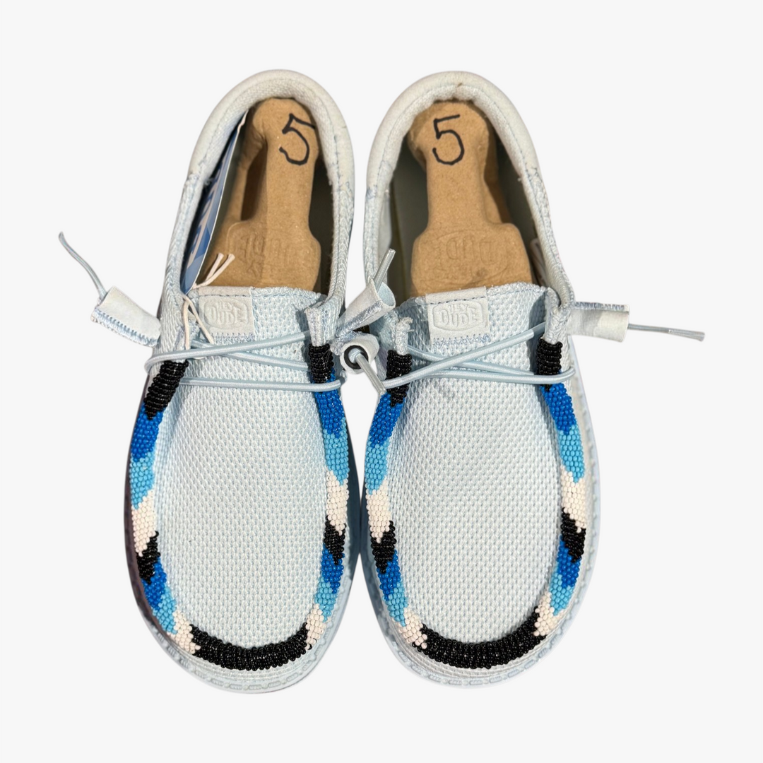All Nations Designs &amp; More hand-beaded blue and black mesh Hey Dude slip-on shoes in women&