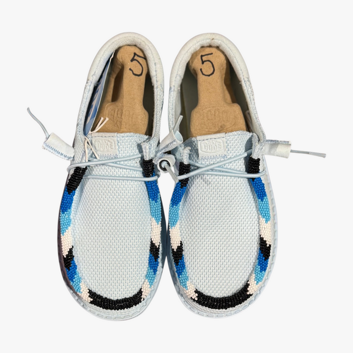 All Nations Designs &amp; More hand-beaded blue and black mesh Hey Dude slip-on shoes in women&