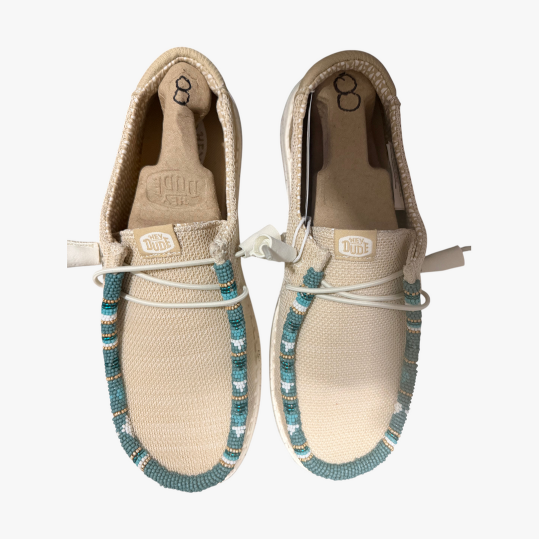 All Nations Designs &amp; More hand-beaded Hey Dude slip-on shoes in Irish cream mesh with turquoise bead accents