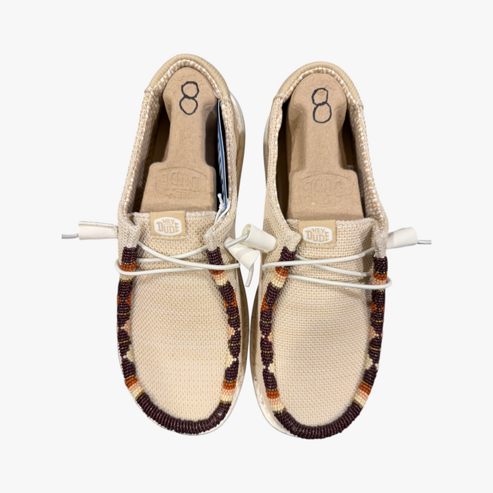 All Nations Designs &amp; More hand-beaded Hey Dude slip-on shoes in Irish cream mesh with brown western beadwork.