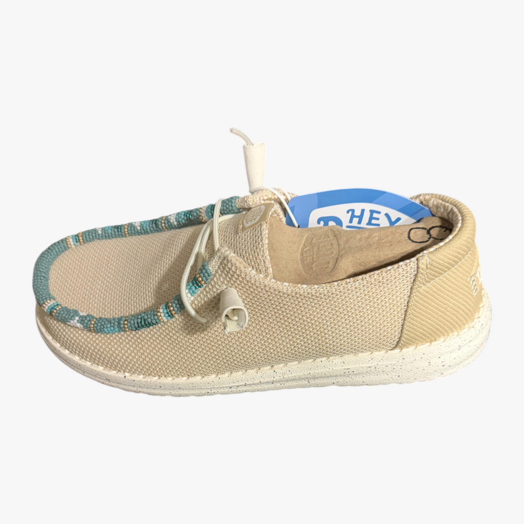 All Nations Designs &amp; More hand-beaded Hey Dude slip-on shoes in Irish cream mesh with turquoise bead accents