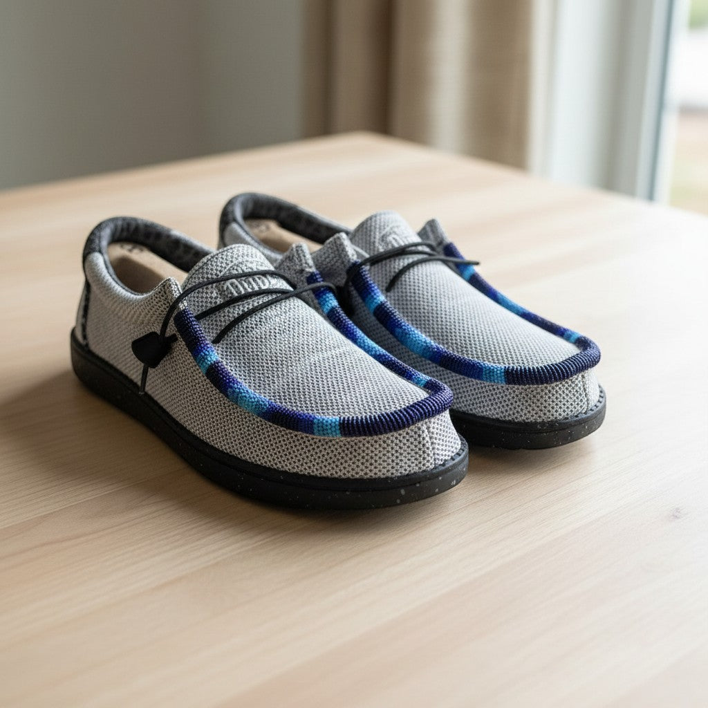 All Nations Designs &amp; More light gray mesh Hey Dude slip-on shoes featuring custom blue and black hand-beaded trim.
