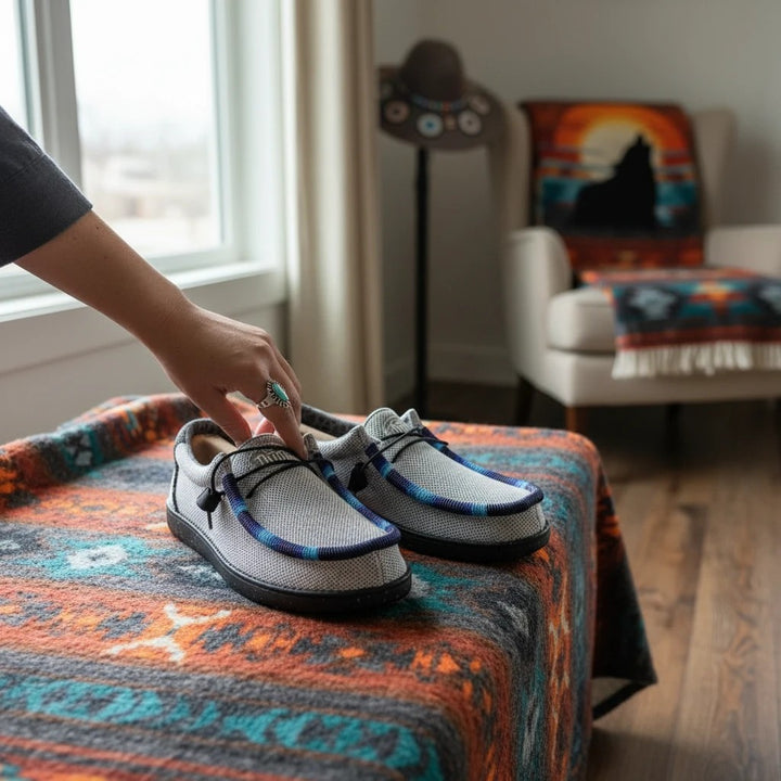All Nations Designs &amp; More light gray mesh Hey Dude slip-on shoes featuring custom hand-beaded trim on a patterned blanket