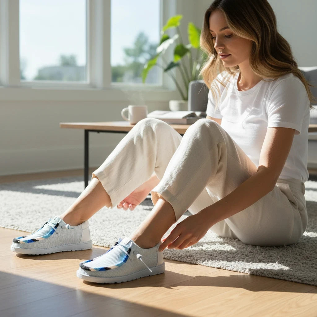 Woman wearing All Nations Designs &amp; More hand-beaded blue and white mesh slip-on shoes in a bright living room.
