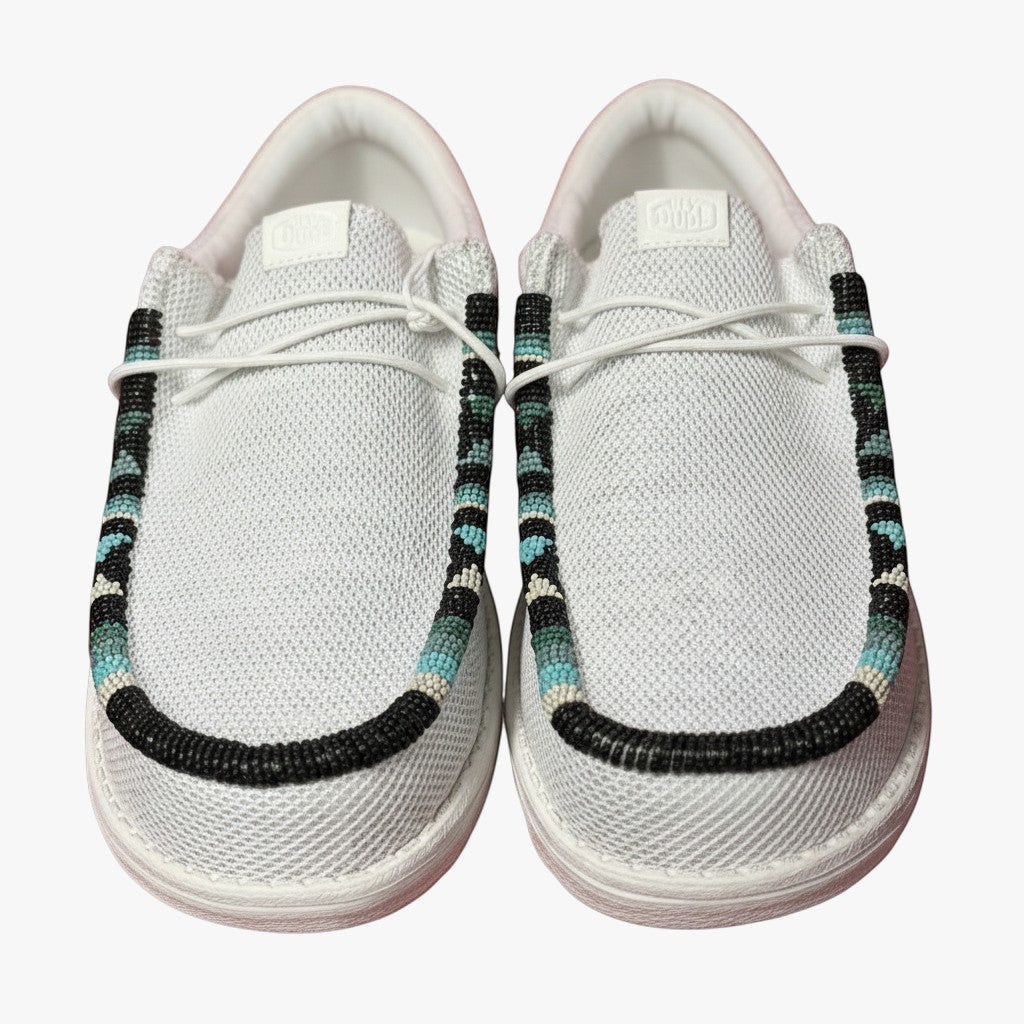 All Nations Designs &amp; More light gray mesh Hey Dude slip-on shoes featuring custom hand-beaded trim in black and turquoise