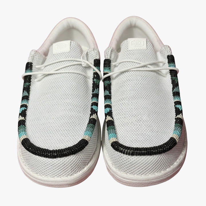 All Nations Designs &amp; More light gray mesh Hey Dude slip-on shoes featuring custom hand-beaded trim in black and turquoise