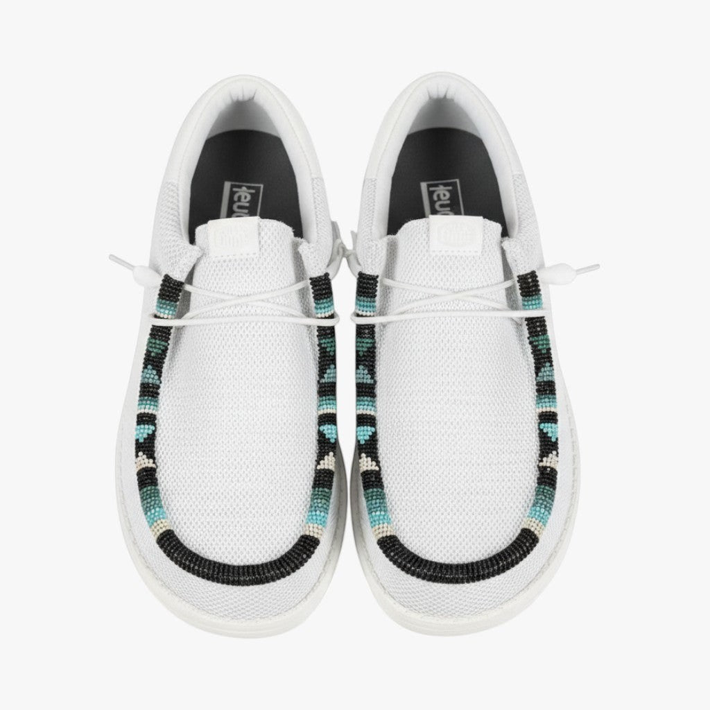 All Nations Designs &amp; More light gray mesh Hey Dude slip-on shoes featuring unique hand-beaded western-style trim.