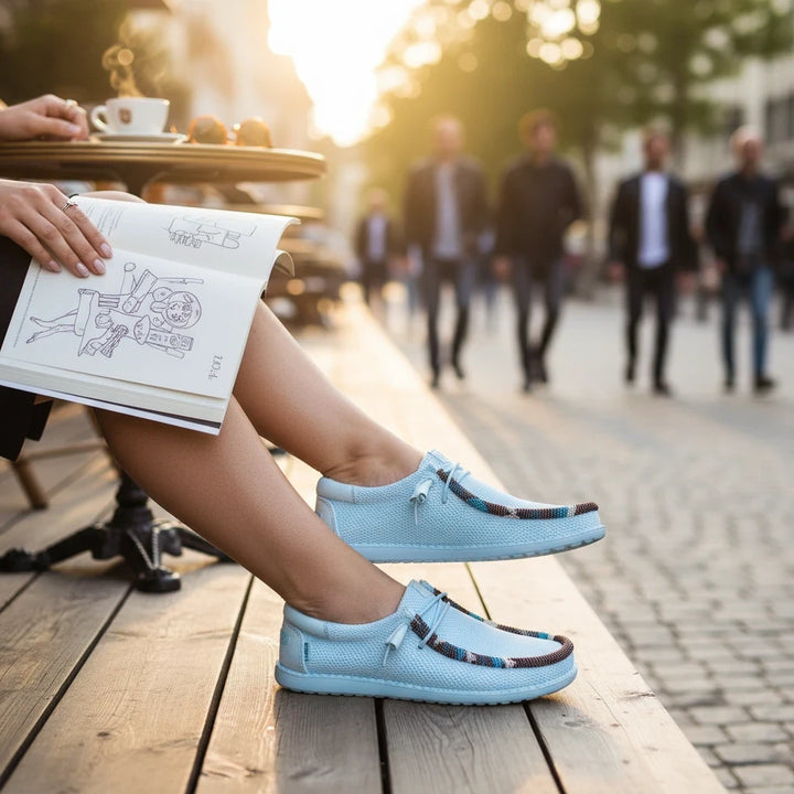 All Nations Designs &amp; More hand-beaded blue mesh slip-on shoes worn by a woman sitting at an outdoor cafe table
